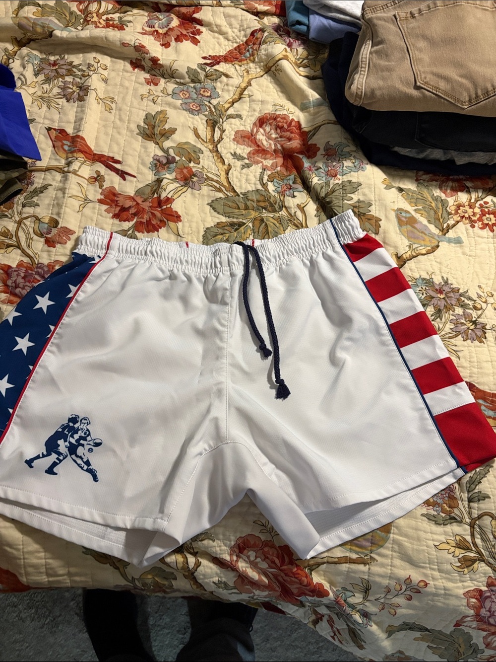Men's White Athletic Shorts with American Flag Side Panels